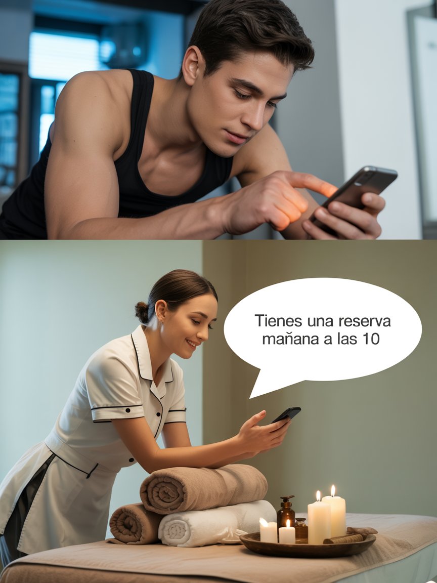 Usuario reservando con móvil y profesional recibiendo por WhatsApp